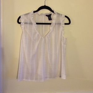 White and gold translucent ruffle neck tank
