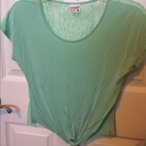 mint green flowy tee with tie at the bottom