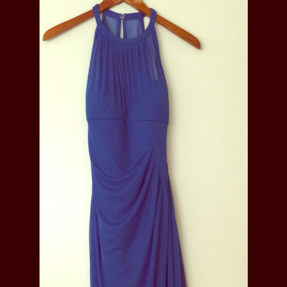 David's Bridal Blue Bridesmaid Long Mesh Dress