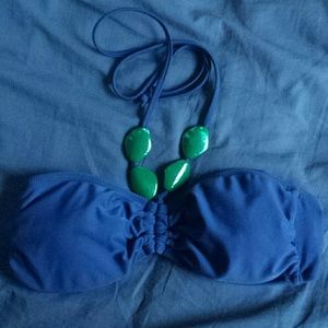 Blue bikini top with green beads
