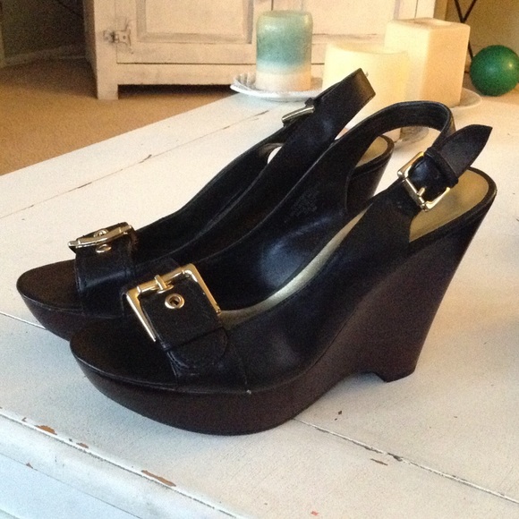 Nine West black Wedges with Gold Buckle