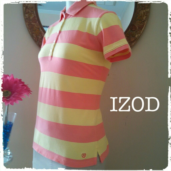 IZOD SMALL FITTED YELLOW & PINK POLO TOP - Picture 2 of 2
