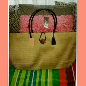 Beach Pool Tote - Tan w/ stripes & wooden faster