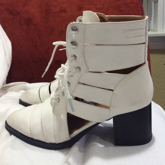 White pointy toe cut out booties