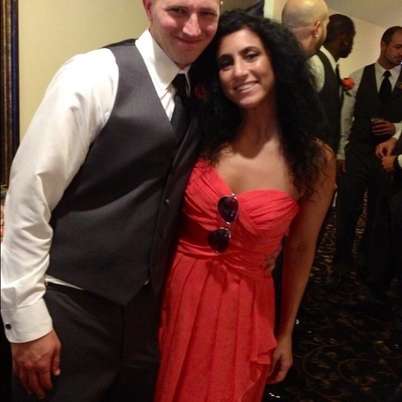 David's Bridal knee length,guava dress chiffon.