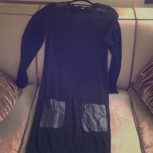 V neck black sweater dress with leather details