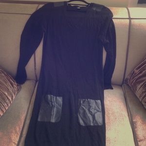 V neck black sweater dress with leather details