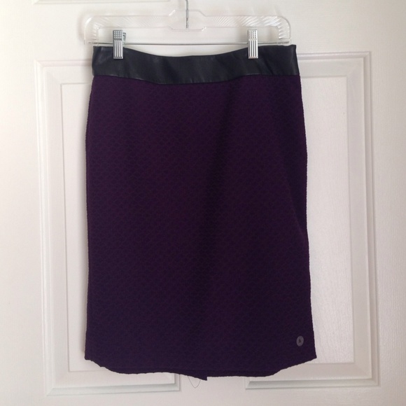 Purple pencil skirt with black leather waistband