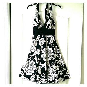 Black and beige floral print halter dress