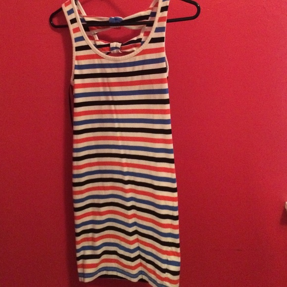 Orange and blue, black and white striped dress
