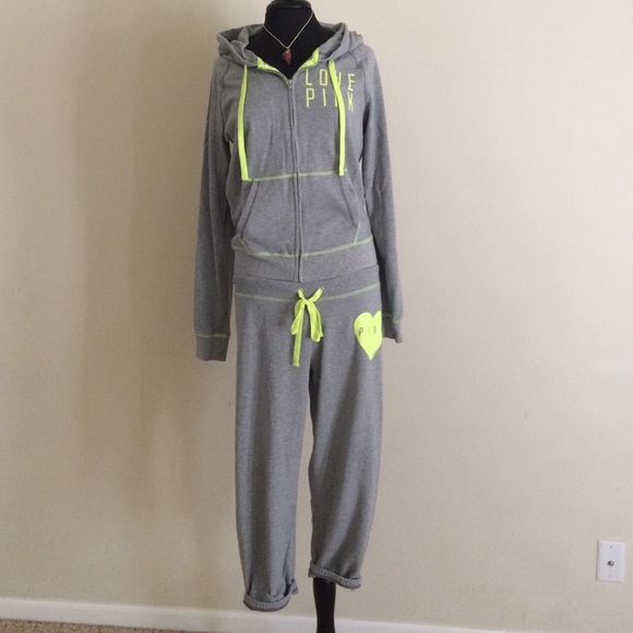 VS pink bright colored hoodie and Capri sweats 💜