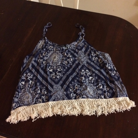 blue and cream fringed tank