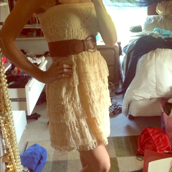 Strapless ivory flare dress with belt