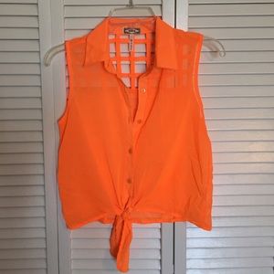 Kirra Neon Orange Cagged Detail Knot Top