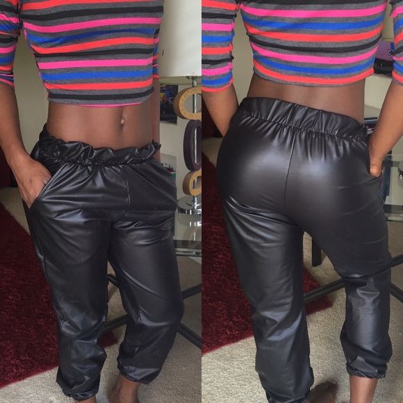 Black leather joggers
