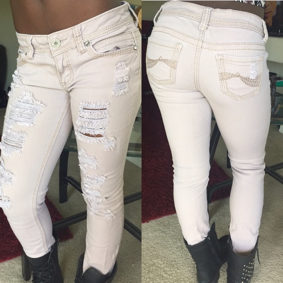 Beige Denim Distressed Jeans - Picture 1 of 3