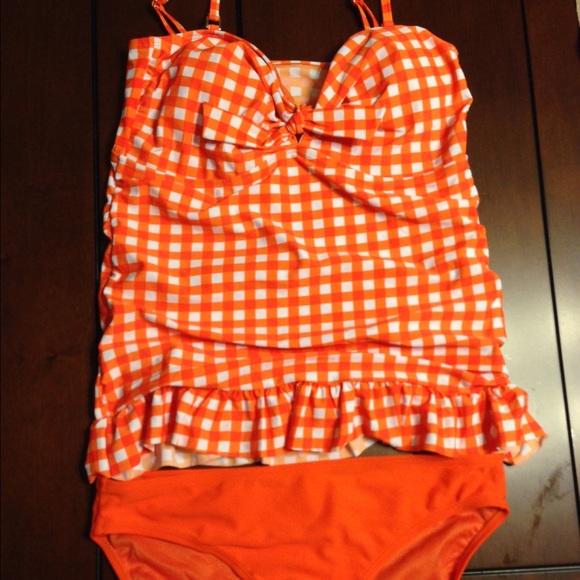 Orange and white gingham tankini