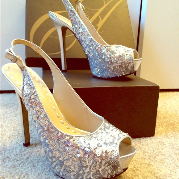 Silver, sequined Enzo Angiolini sling back pumps