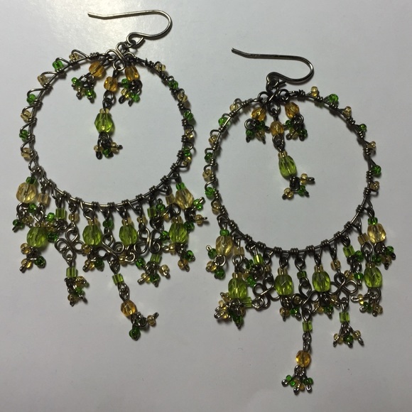 Handmade green/yellow dangle earrings - Picture 1 of 2