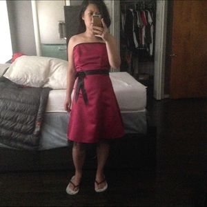 Jessica McClintock red strapless dress.