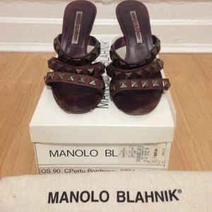 Authentic Manolo Blahnik wine strappy sandals