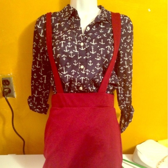 Red suspender skirt
