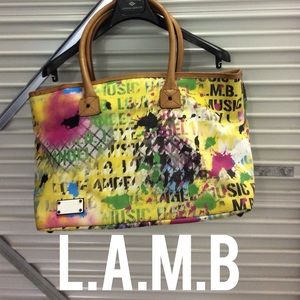 L.A.M.B. lamb PVC yellow leather trim laptop bag