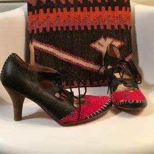 Leather & Kantha Stitched Fabric Lace-up Heels