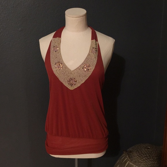 Burnt orange and gold sequin halter top