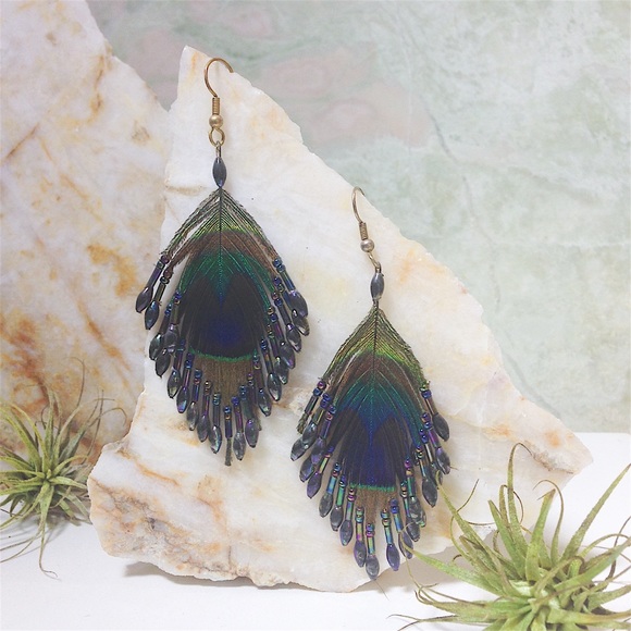 💙✨💚BEAUTIFUL PEACOCK FEATHER DROP EARRINGS💚✨💙 - Picture 1 of 1
