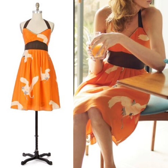 Anthropologie Orange silk crane dress