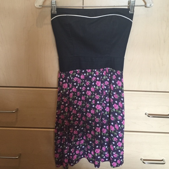 Navy & Floral Strapless Skater Dress