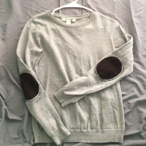 Light gray sweater with brown corduroy elbows