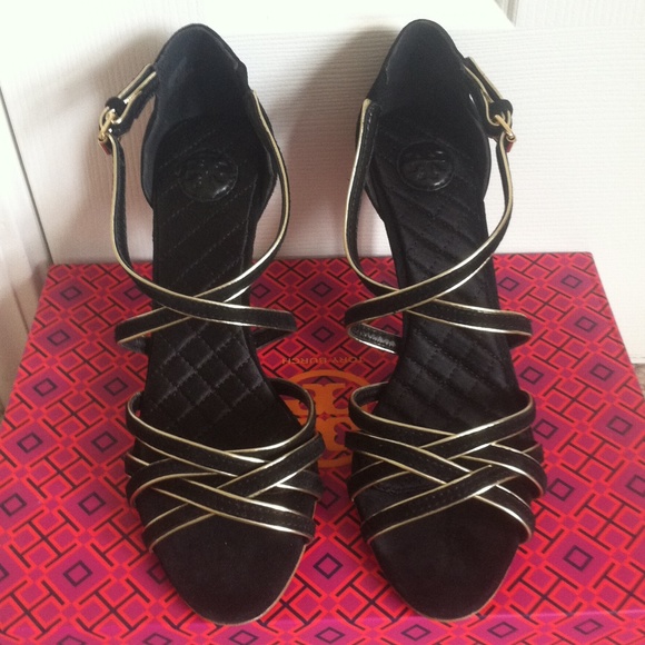 Sold!Tory Burch Breanna Black and Gold Sandals