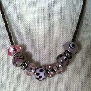 Brown Leather and Pink Necklace