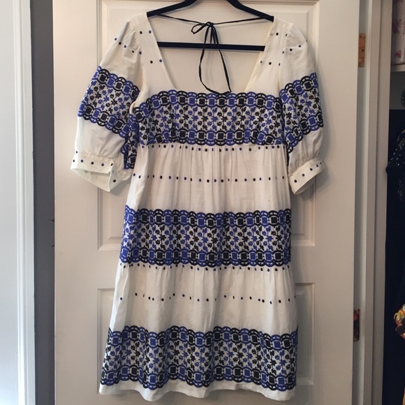 Tibi sz 6 blue and black embroidered linen dress