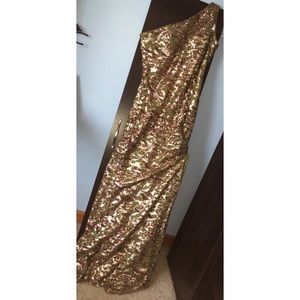 long brown, green, & gold dress.