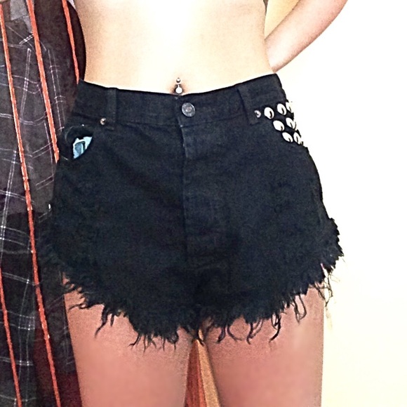 Nasty Gal Denim - Nasty Gal Silver Studded Distressed Black Shorts