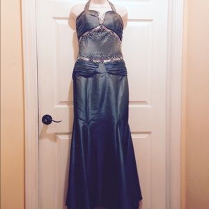 Metallic green gown.