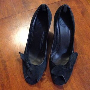 Suede peep toe wedges