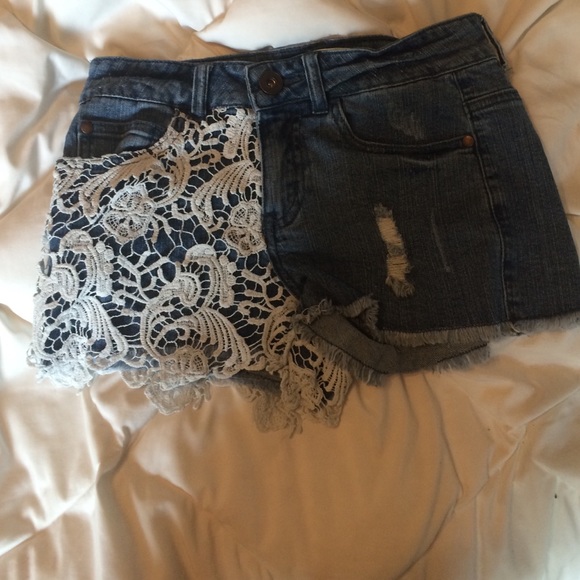 Denim and lace high waisted shorts