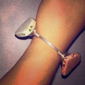 Wire wrapped stone bangle bracelet orange blue