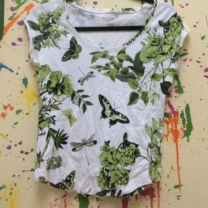 Dragonfly and butterfly green and white shirt