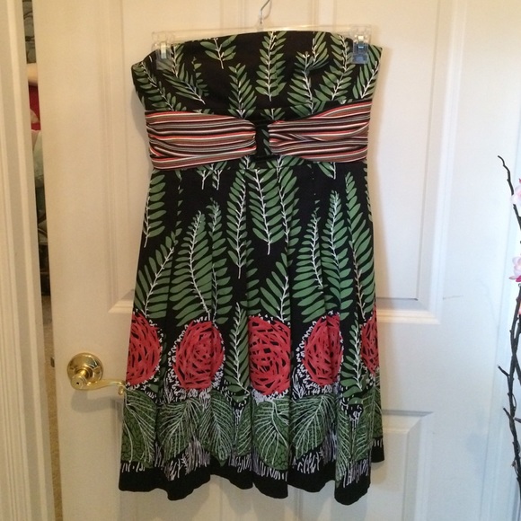Strapless Kay Unger floral dress with striped belt