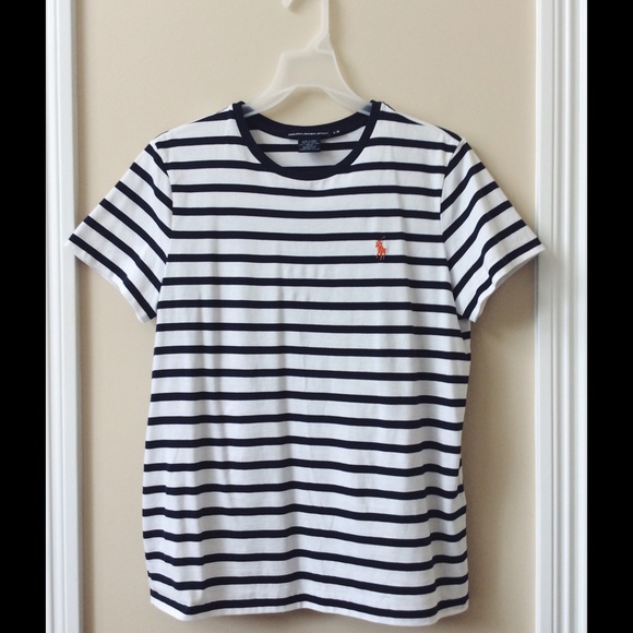 RALPH LAUREN SPORT navy/white striped t-shirt // L