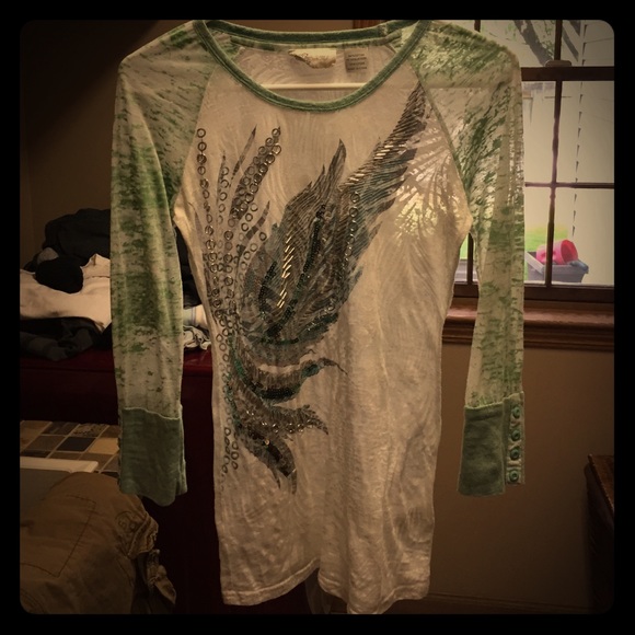 Miss Me teal/green and white shirt