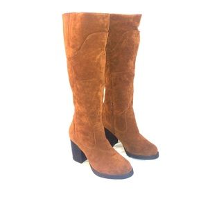 Brown Upper-Leg Cut Wedge Boots