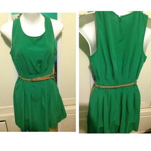 Green Belt Pleated Dress