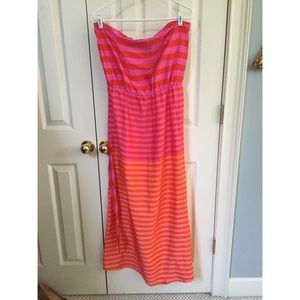 Pink and orange striped strapless dress