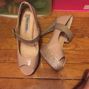 Taupe and Glitter Platform Peep Toe Mary Janes